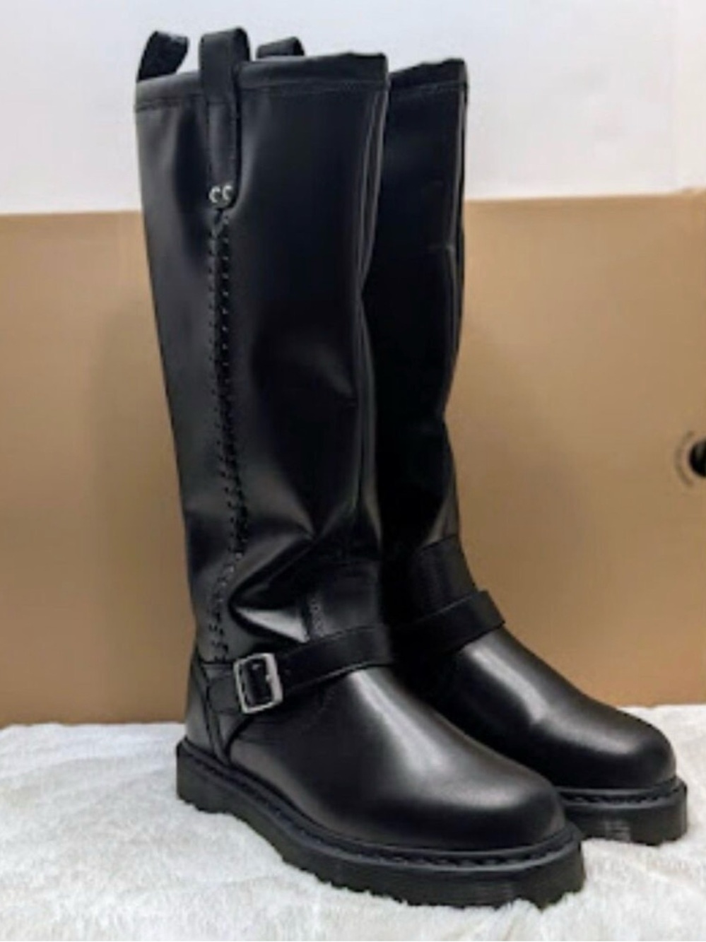 Dr. Martens Anistone Knee High Black Orleans Leather Biker Boots USA 10W/9M - Picture 6 of 8